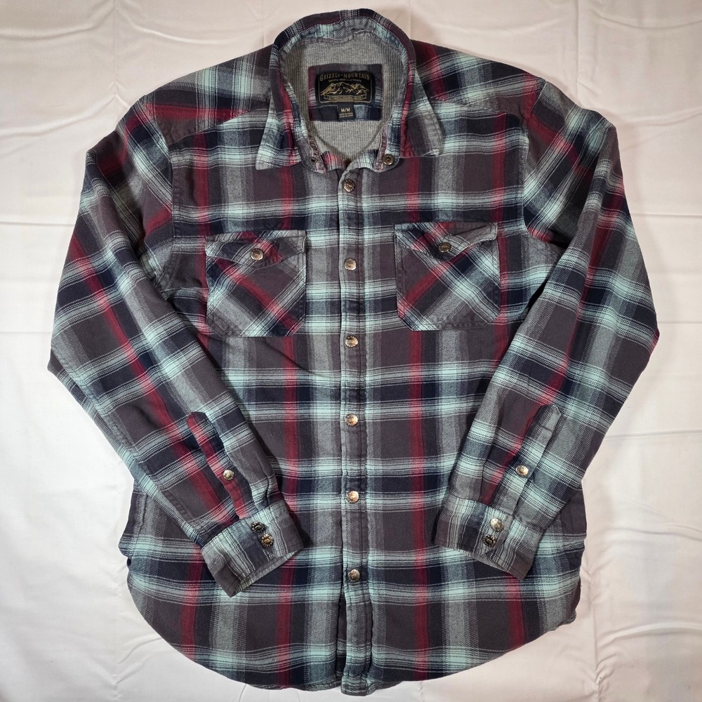 Grizzly Mountain Mens Thermal Lined Flannel Shirt Jacket Plaid Red Grey Medium